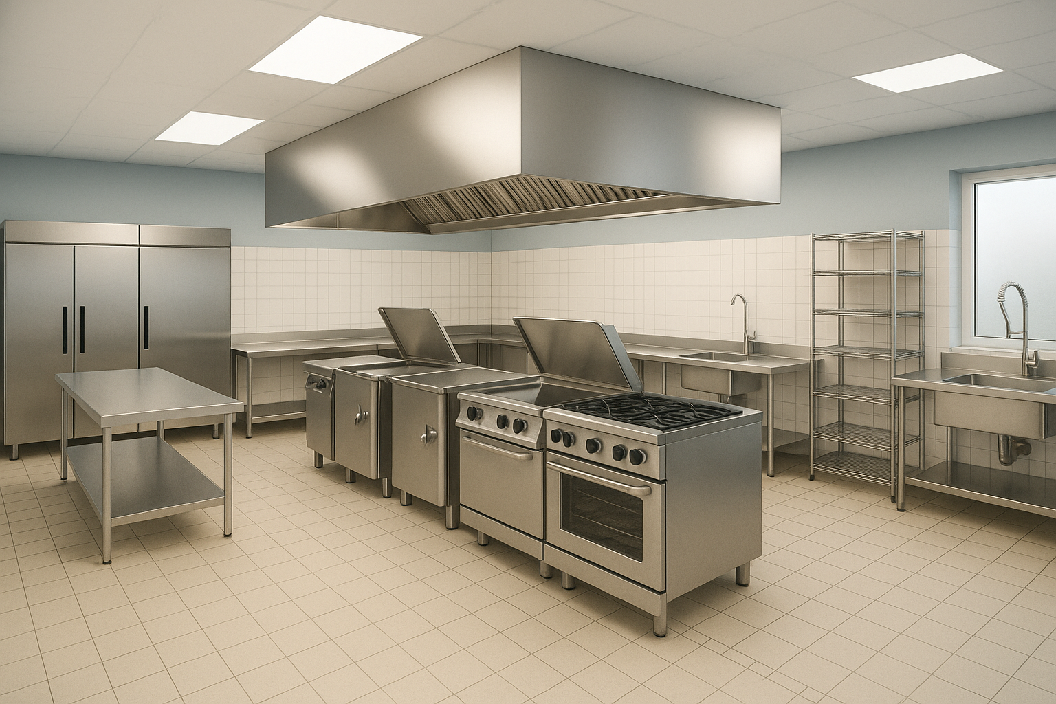 3D-visualisering av modern och effektiv storköksmiljö, framtagen för offentlig verksamhet med fokus på hygien, arbetsflöde och ergonomi.