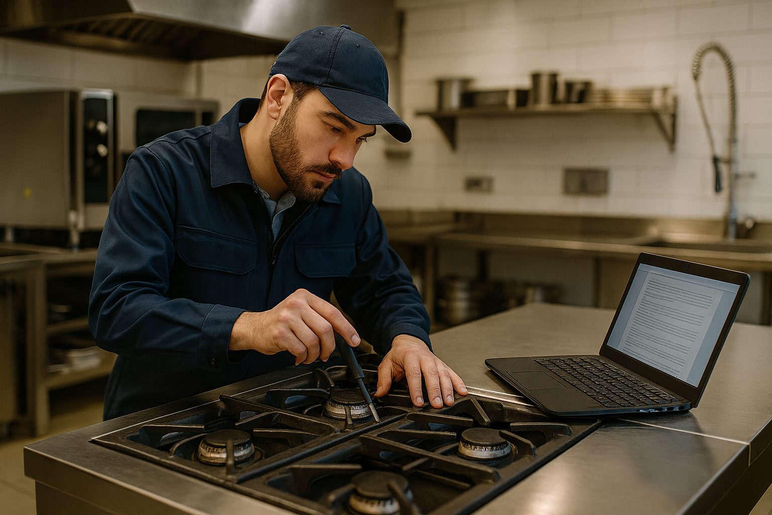Servicetekniker med laptop Servicetekniker i arbete med felsökning av gasspis i ett professionellt storkök, med laptop för digital servicejournal.